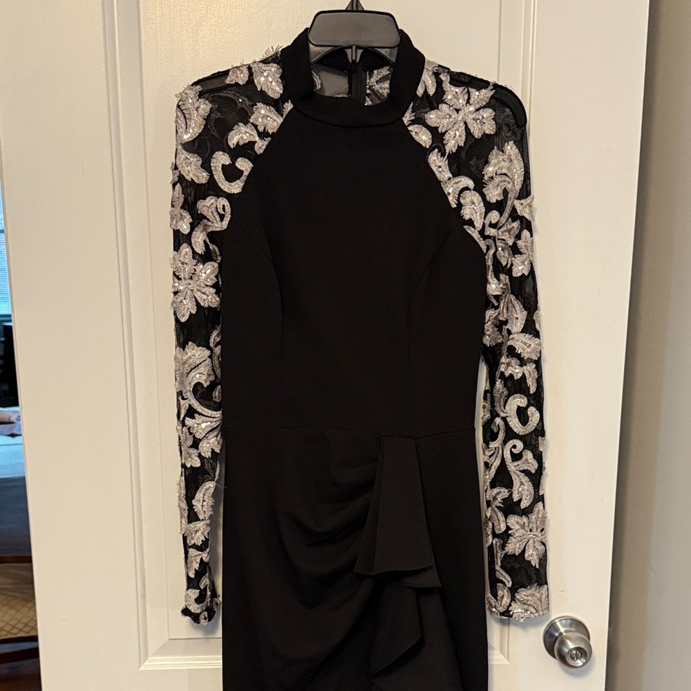 Betsy & AdamElegant Black Long Sleeve Dress with Silver Embroidered Lace Sleeves
